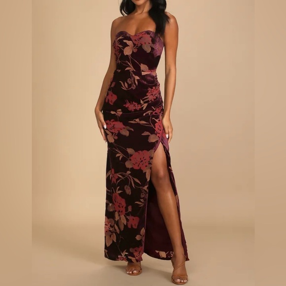 Plum Velvet Floral Formal Maxi Dress - Picture 1 of 7